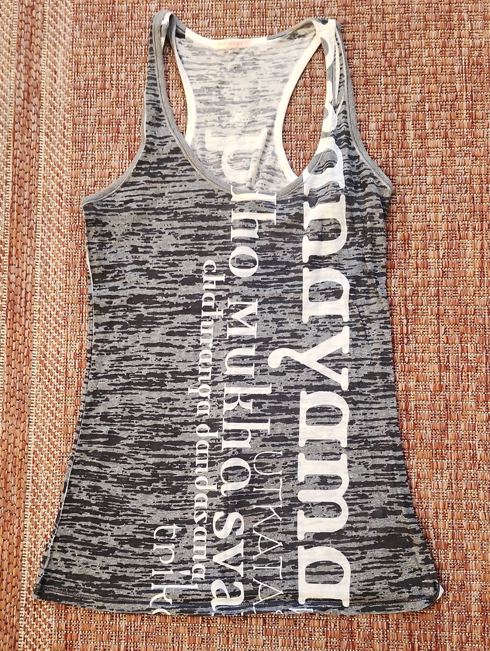 B+A YOGA Black/Gray Marled Racerback Tank Top with Vertical Yoga Script